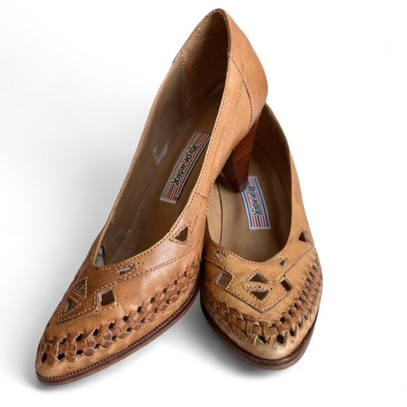 Vintage Rush Hour 7B Leather Cutout Heels Tan Braided Toe Western Boho - Picture 2 of 8
